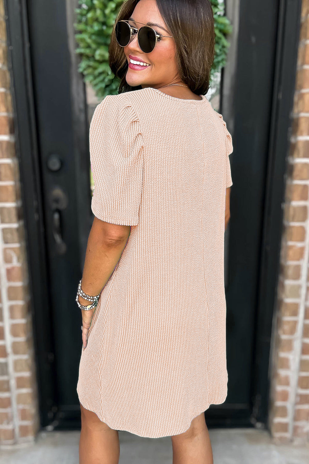 Corded Knit Crew Neck Puff Sleeve Shift Mini Dress S-XL