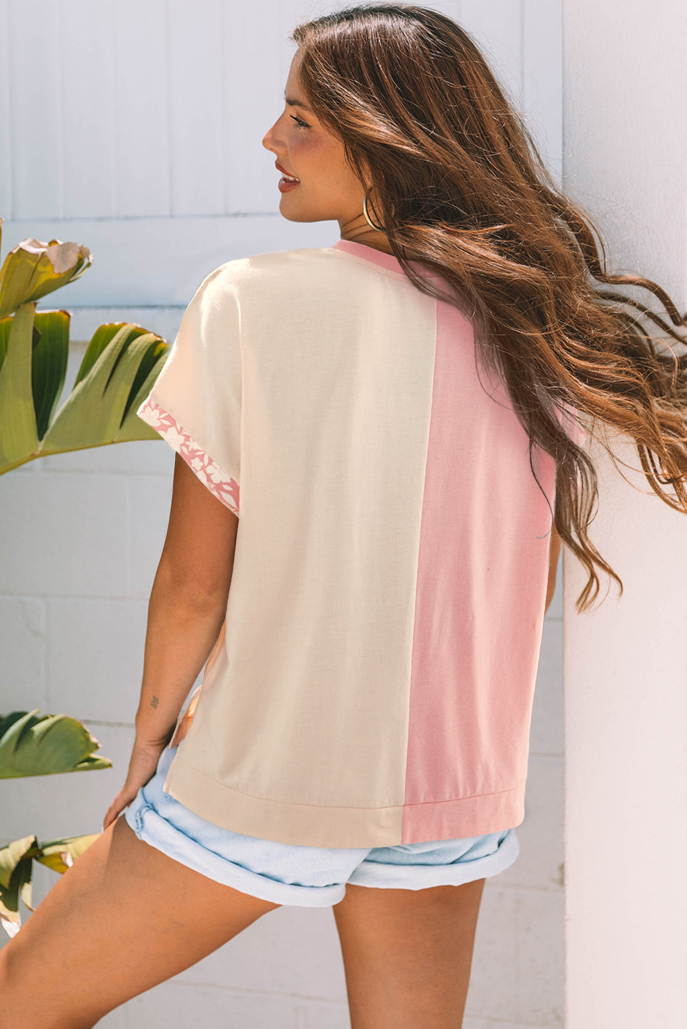 Beige Colour Block Flower Patch Loose T-Shirt | Casual Top