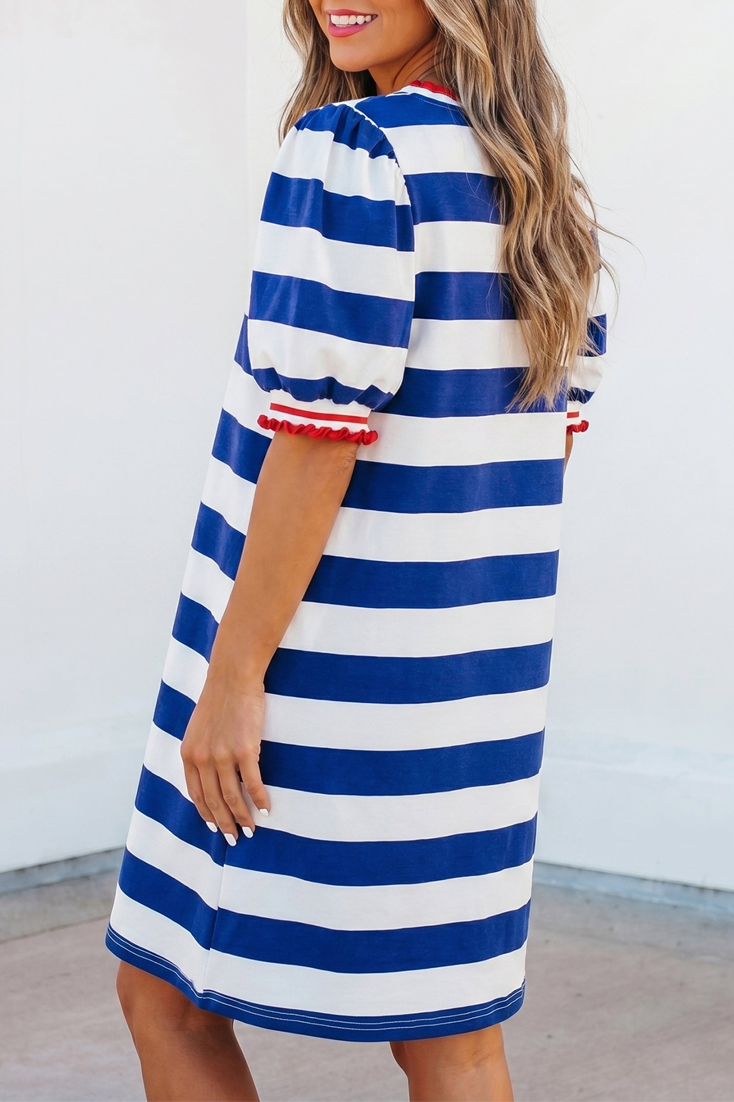 Blue Stripe Contrast Trim Puff Sleeve Shift Mini Dress Stretch S-XL