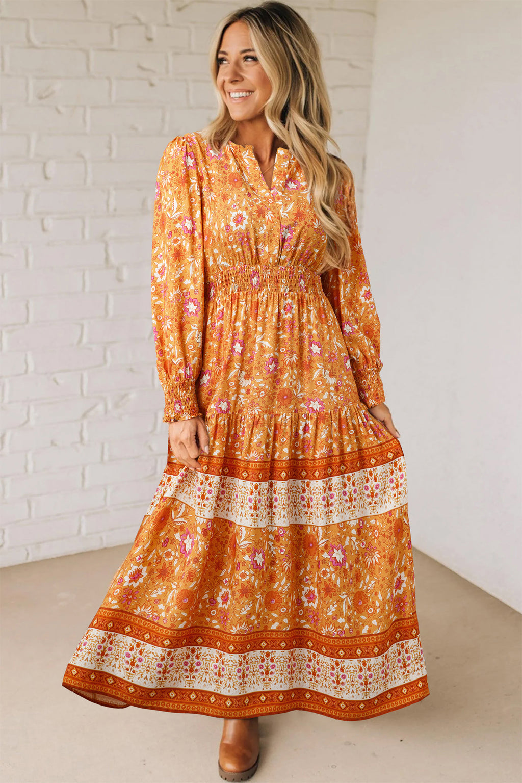 Women's Orange Floral Boho Maxi Dress Smocked Waist Puff Sleeve Tiered S-XL at LivelyLooks