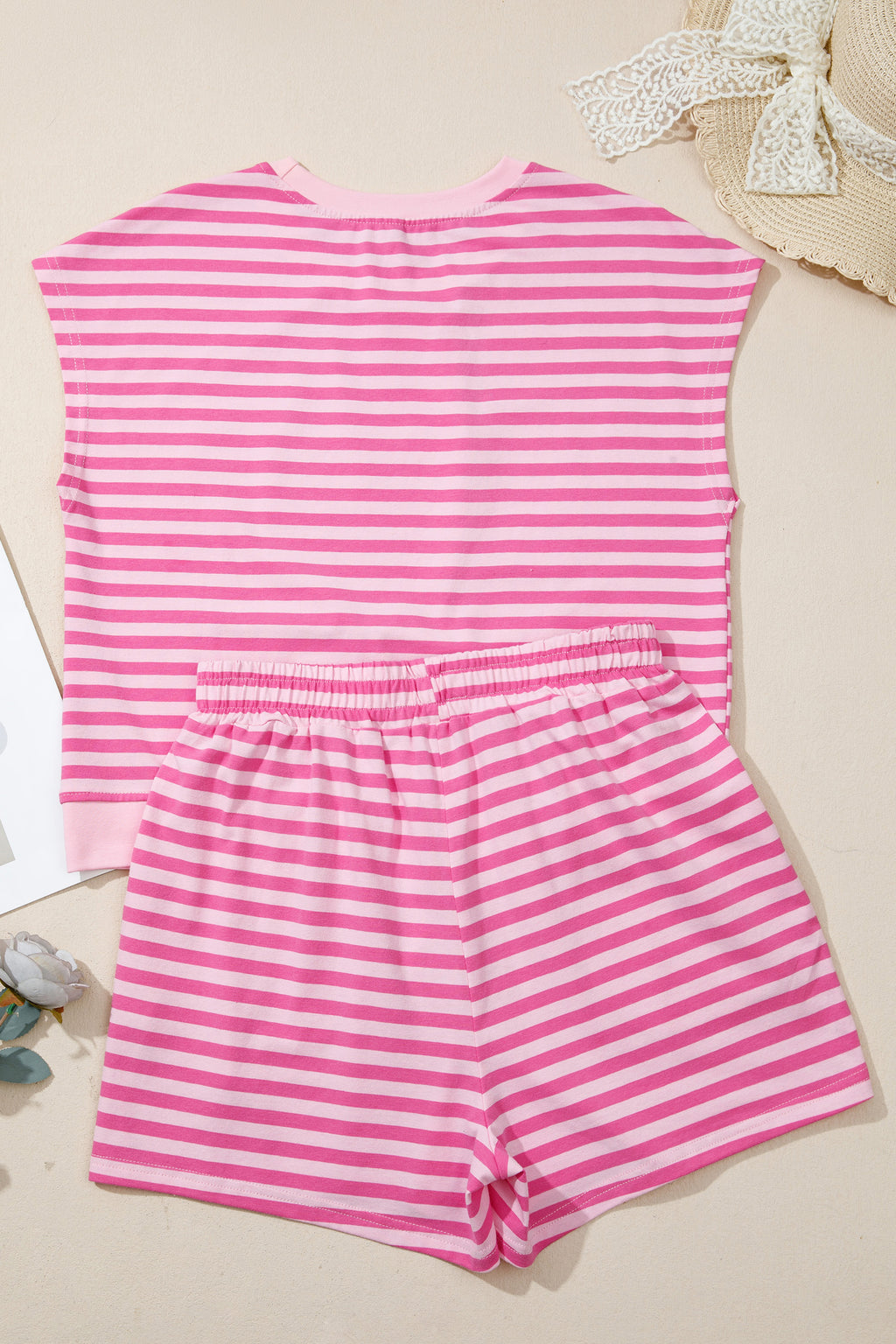 Pink Stripe Cap Sleeve Tee & Elastic Waist Shorts 2pcs Co-ord Outfit