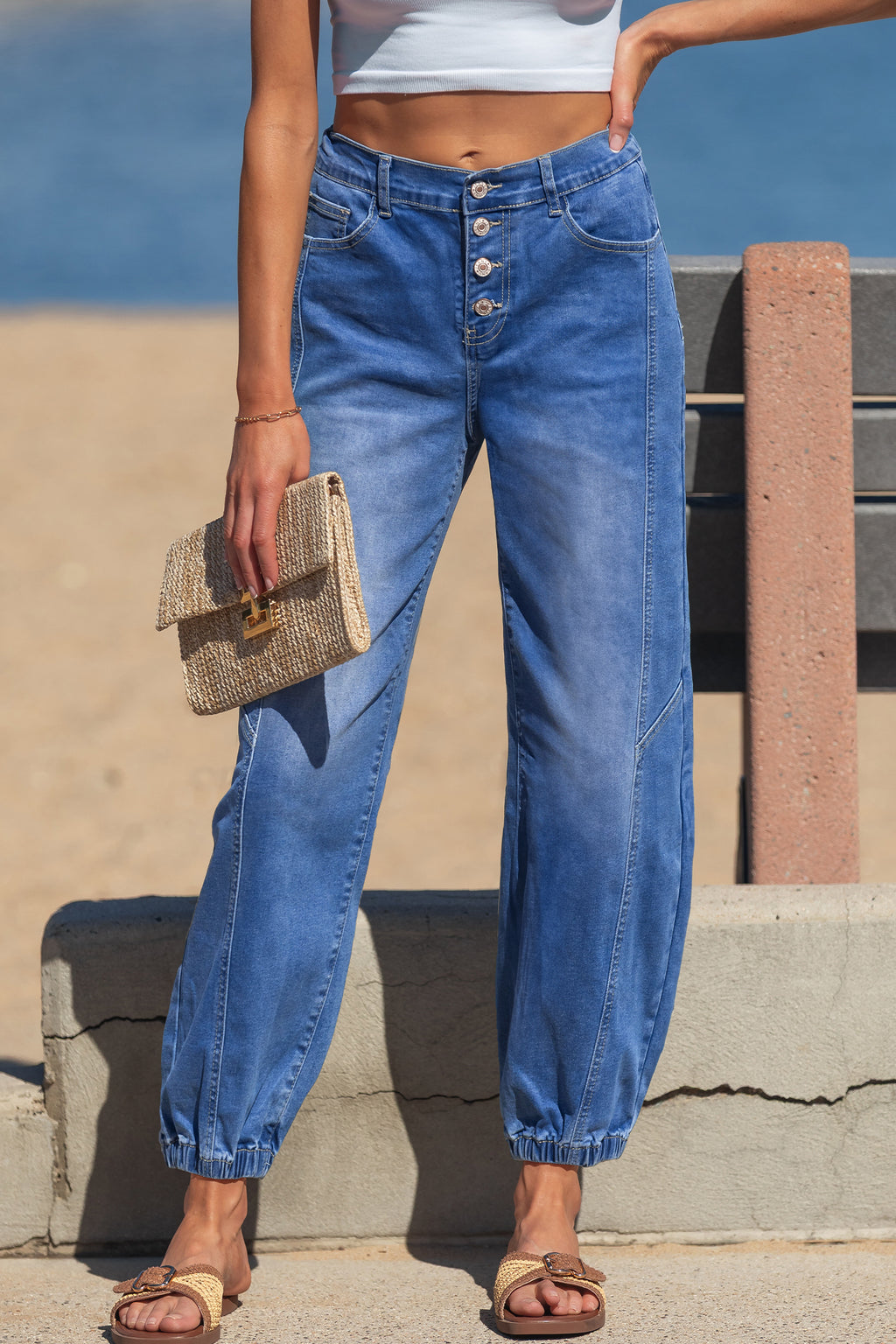 Shop Blue 4-Button Front Tapered Casual Loose Fit Jeans UK 8-20 at LivelyLooks