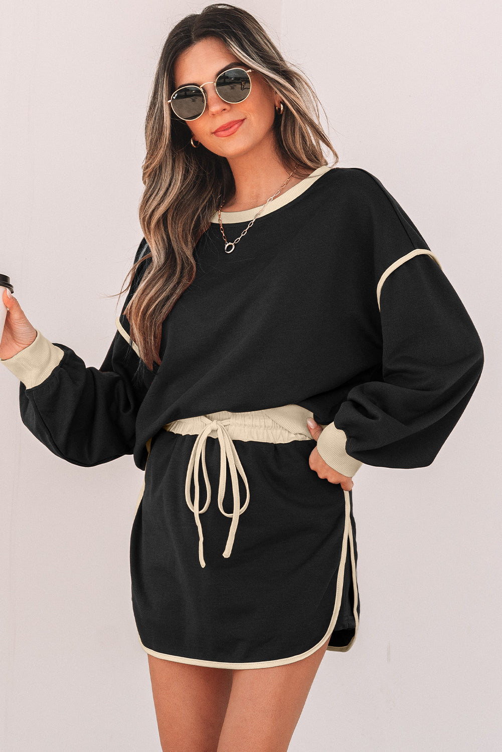 Shop Colour Contrast Loose Pullover & Lace-Up Waist Skort Set S-XL at LivelyLooks