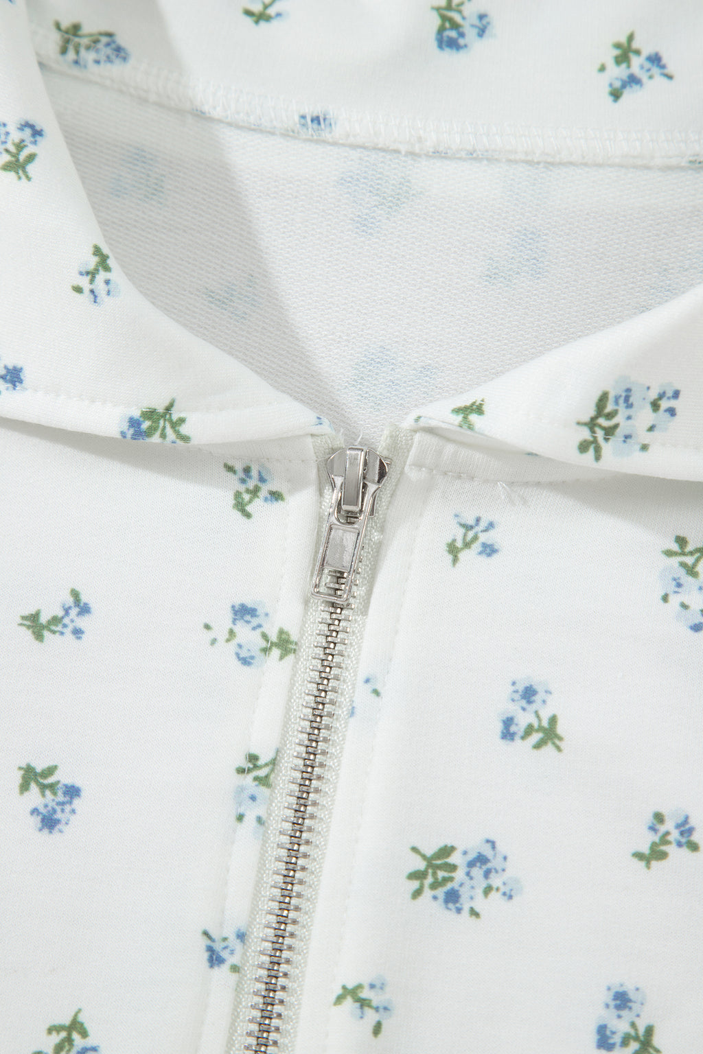 White Floral Print Half Zip Hoodie Top & Shorts Co-ord Set