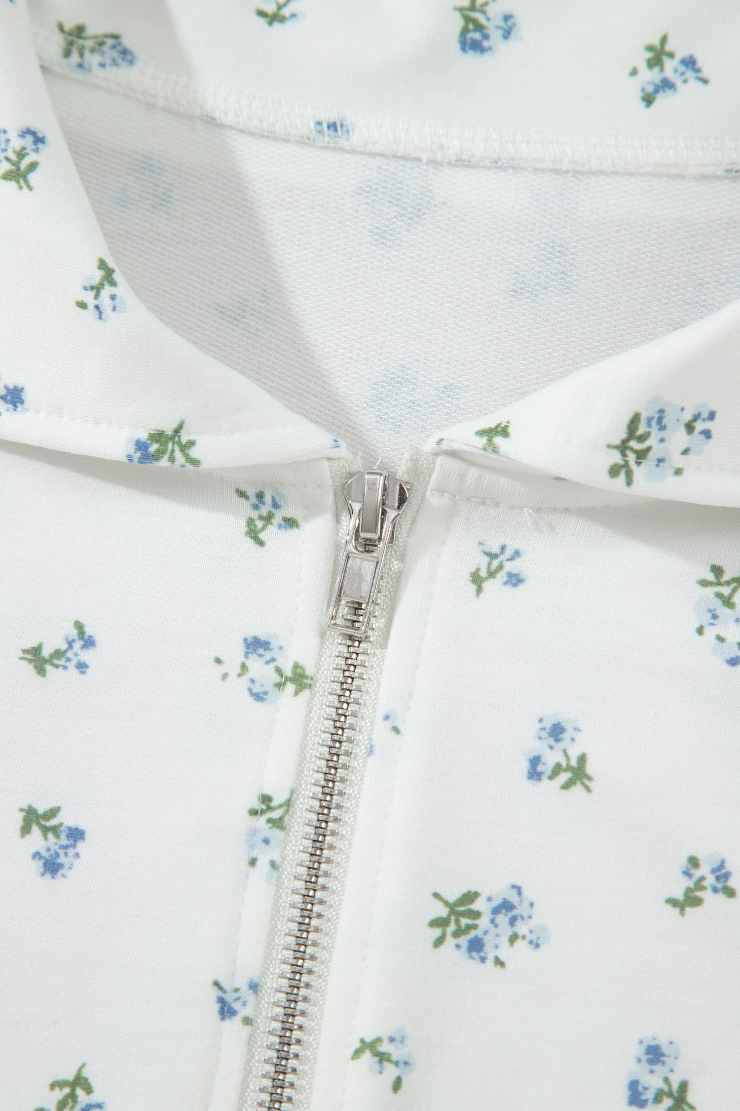 White Floral Print Half Zip Hoodie Top & Shorts Co-ord Set