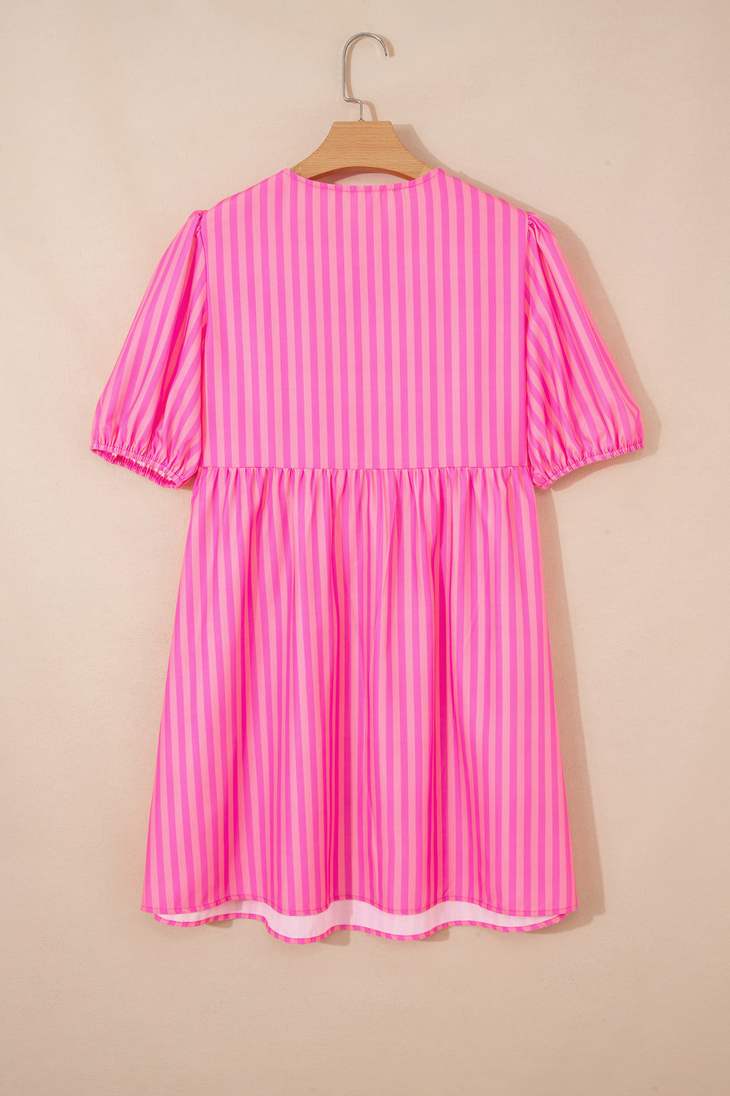 Women's Pink Striped Print Bow Detail Puff Sleeve Mini Dress S-XL at LivelyLooks