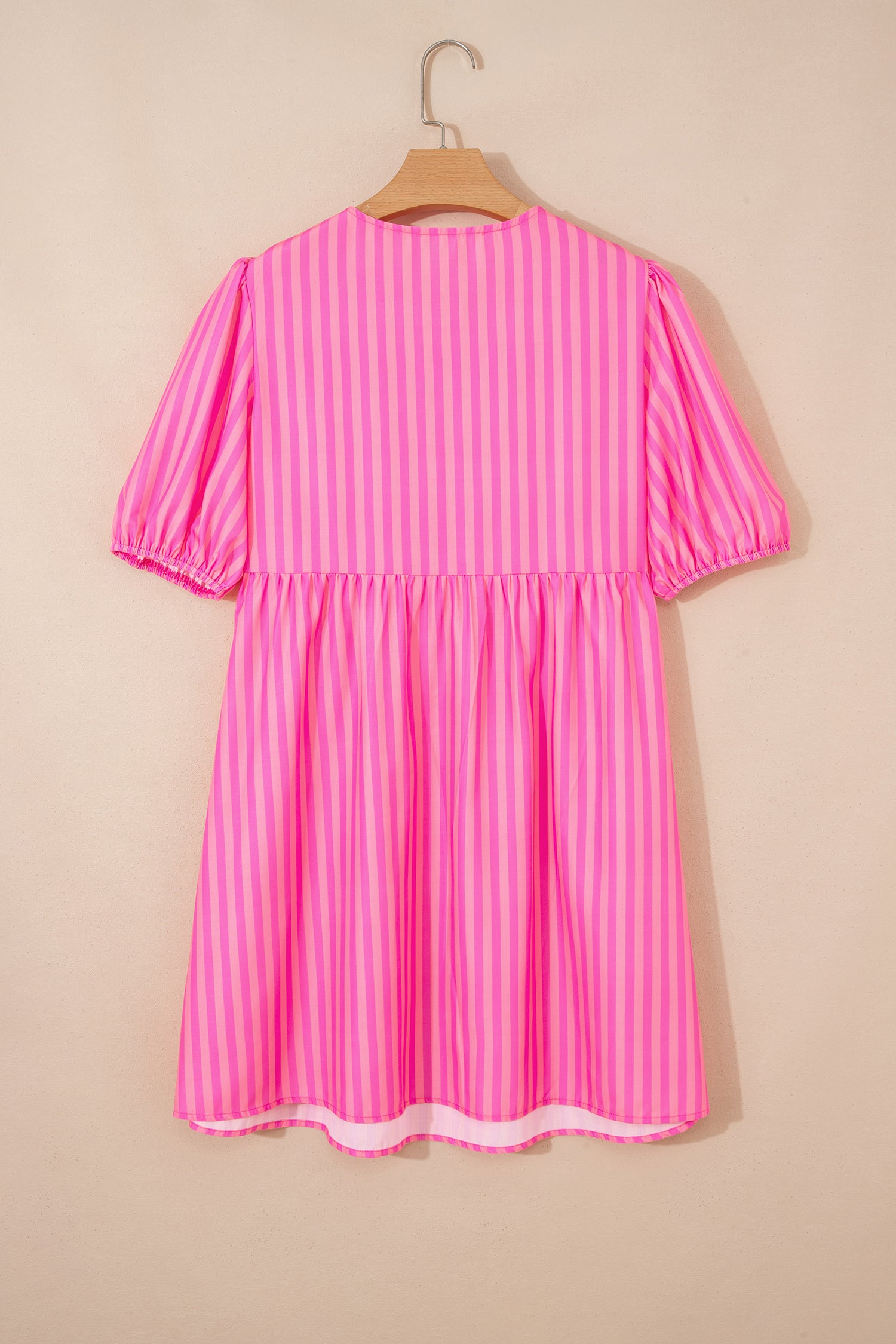 Women's Pink Striped Print Bow Detail Puff Sleeve Mini Dress S-XL at LivelyLooks