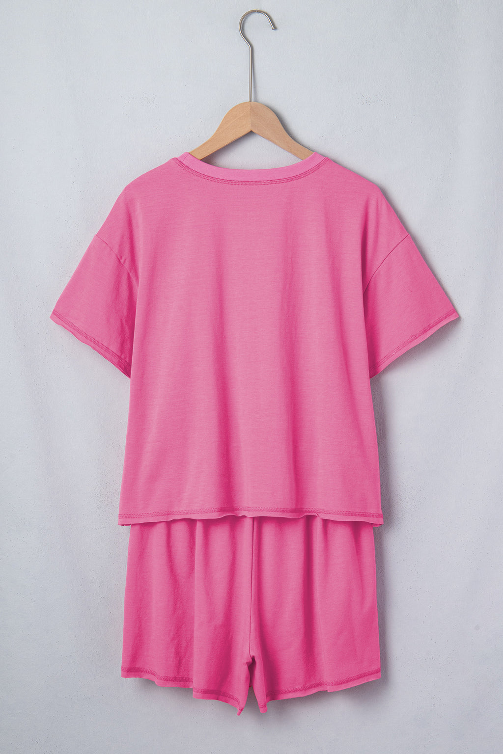 Bright Pink Seam Detail Raw Edge Tee & Rainbow Waistband Shorts Co-ord Set