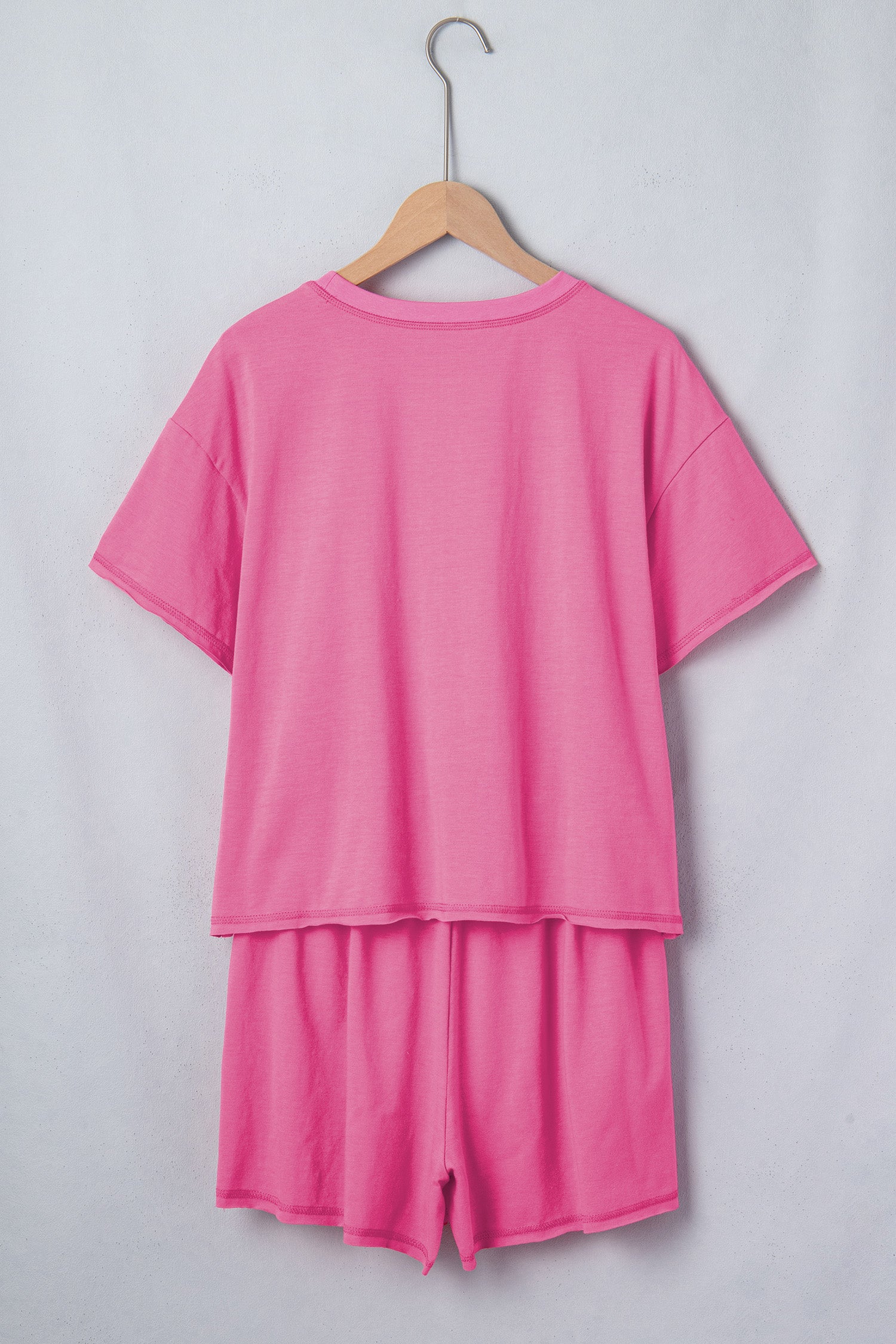 Bright Pink Seam Detail Raw Edge Tee & Rainbow Waistband Shorts Co-ord Set