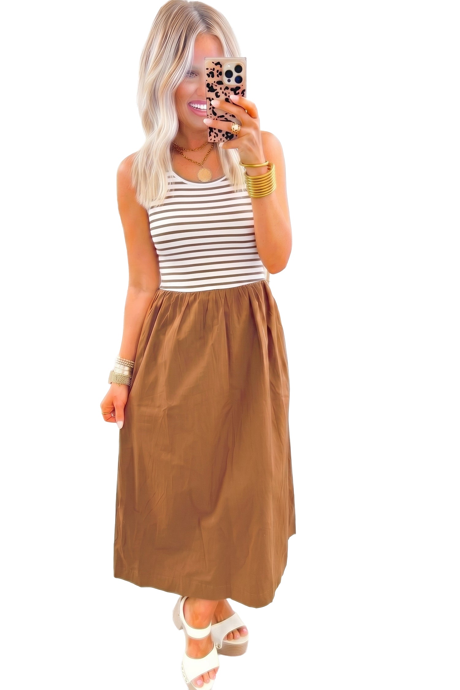 Chestnut Striped Colourblock Patchwork Sleeveless Casual Long Dress | UK 8–16
