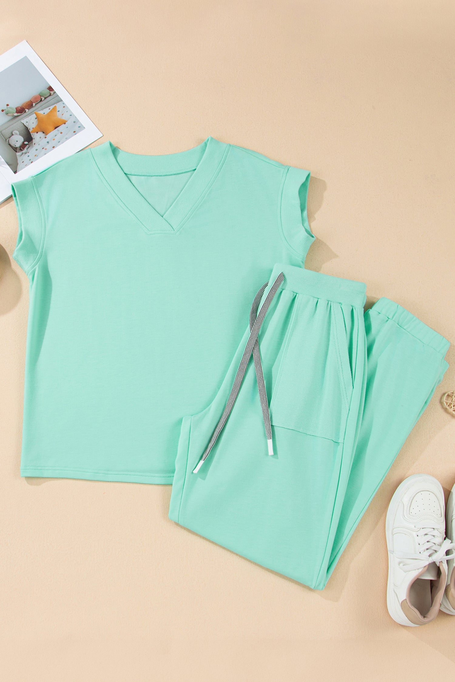 V-Neck Tee & Drawstring Pant Set | Apricot Pink, Mint Green, Bonbon & Beau Blue