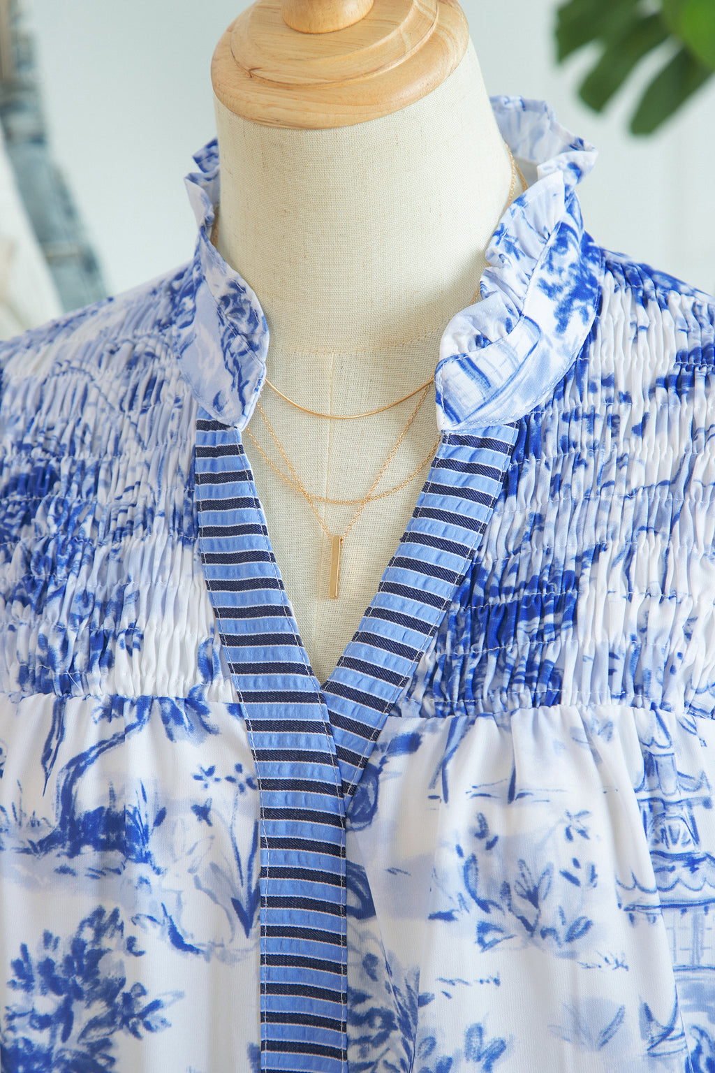 Blue Wild Animal Print Blouse Striped Detail V Neck Short Sleeve Women S-XL