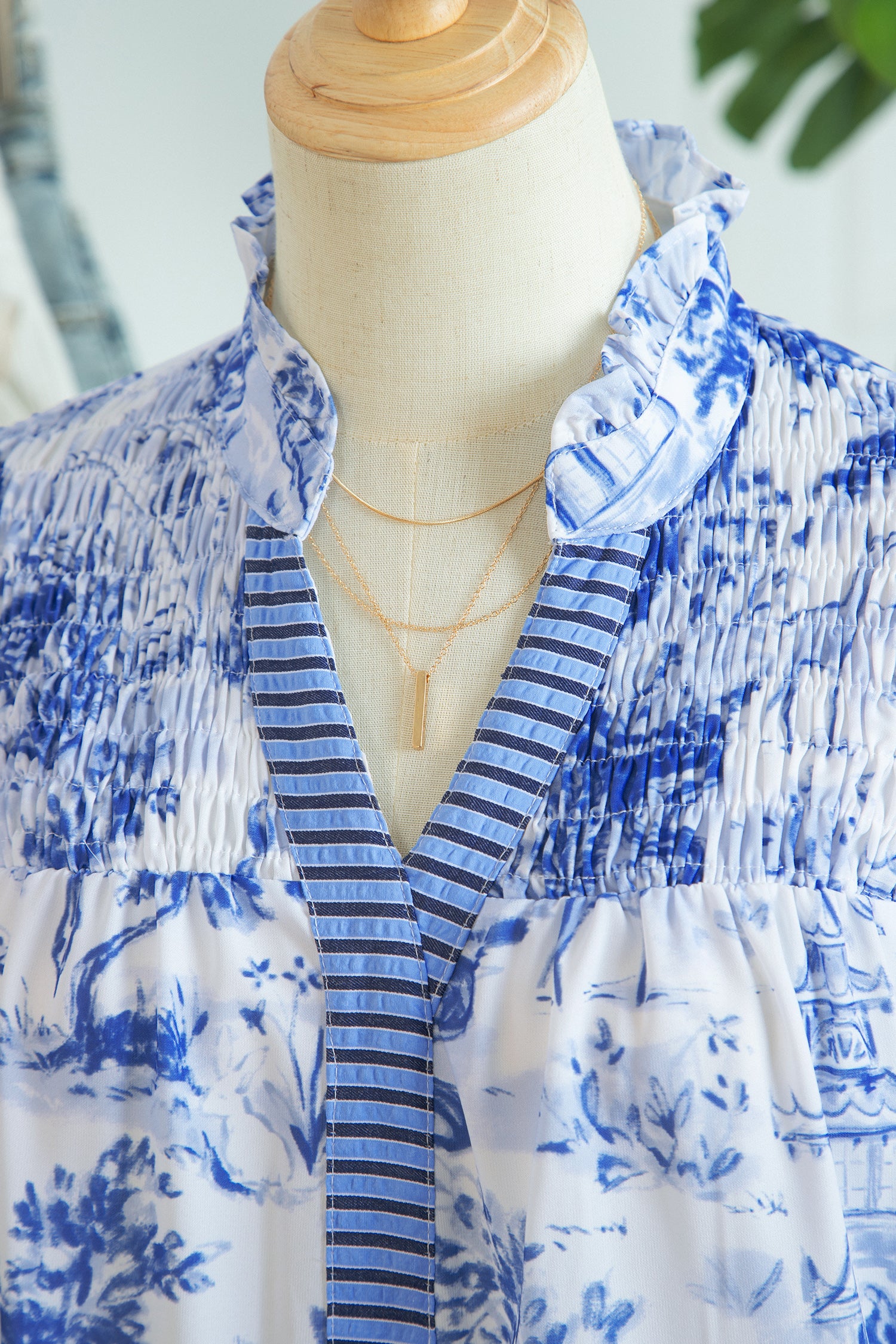 Blue Wild Animal Print Blouse Striped Detail V Neck Short Sleeve Women S-XL