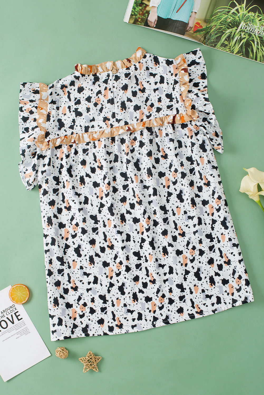 White Leopard Print Frill Neck Flutter Sleeve Blouse | S-XL