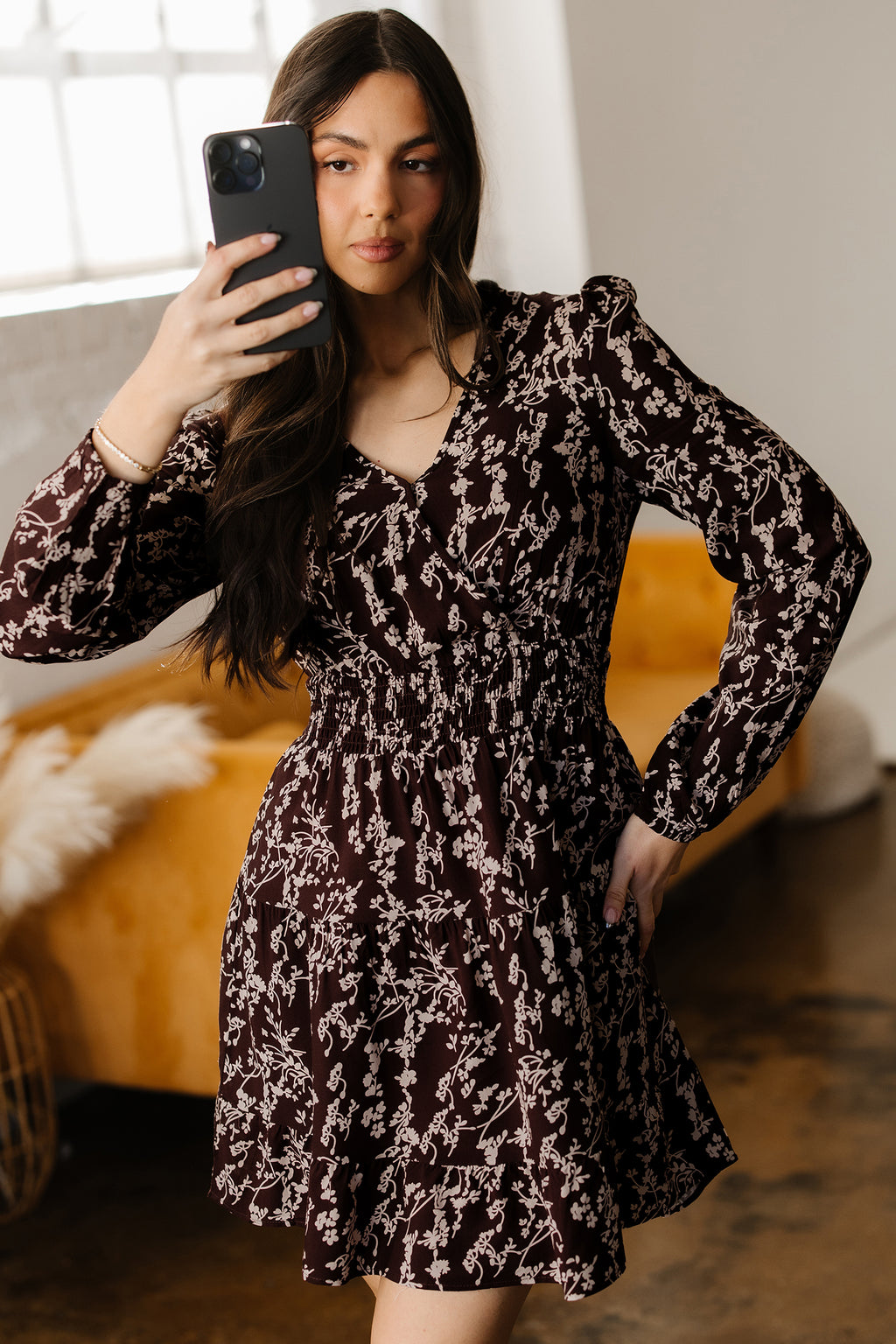 Brown Ditsy Floral Mini Dress Split Neck Long Sleeve Shirred Waist Flared Women S-XL