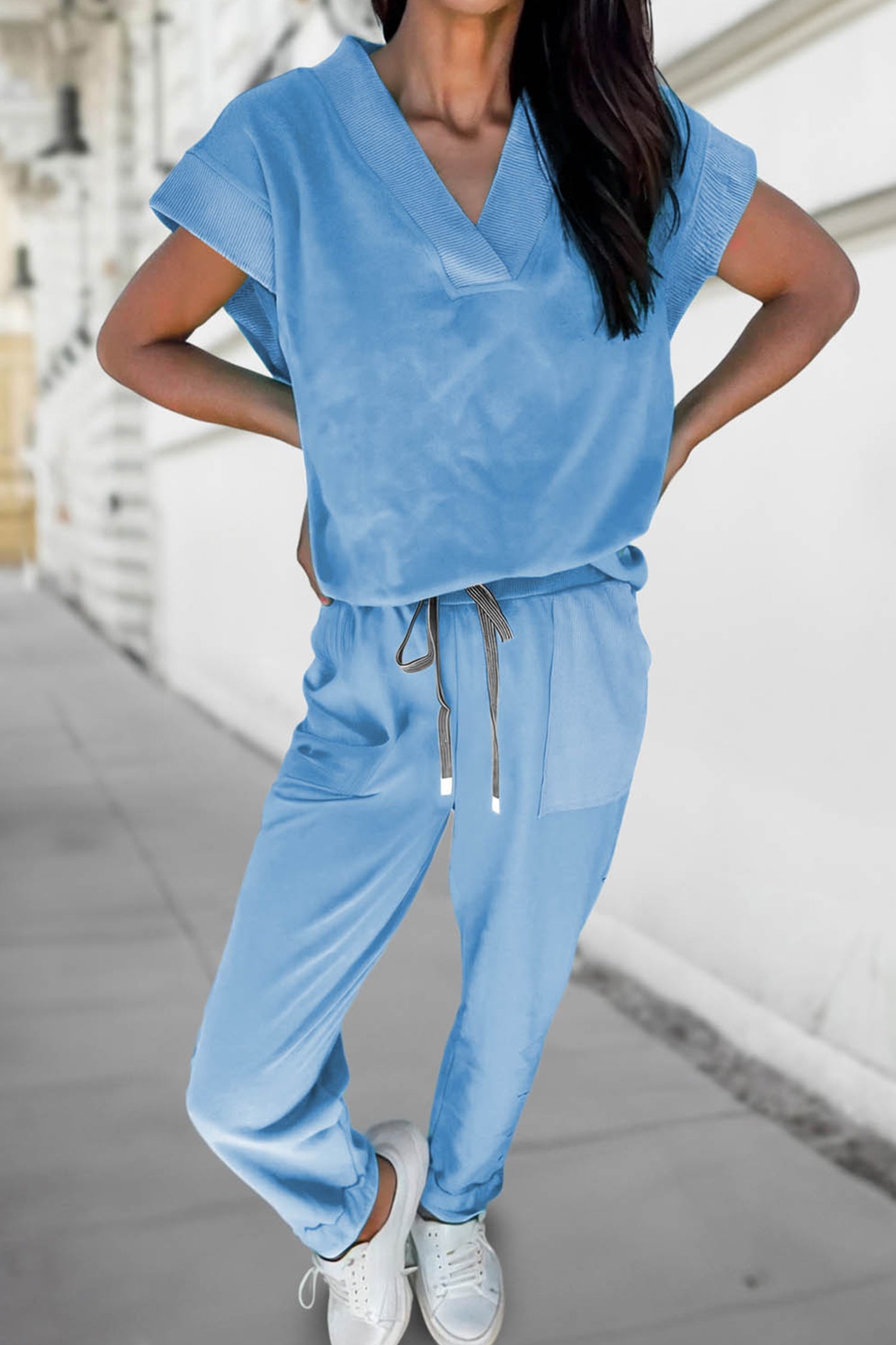 V-Neck Tee & Drawstring Pant Set | Apricot Pink, Mint Green, Bonbon & Beau Blue
