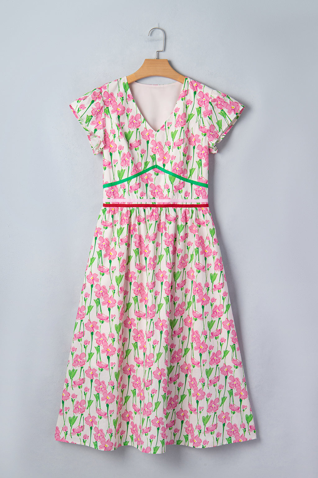 LivelyLooks Pink Floral Contrast Trim V-Neck Short Sleeve Elegant Midi Dress women's fashion