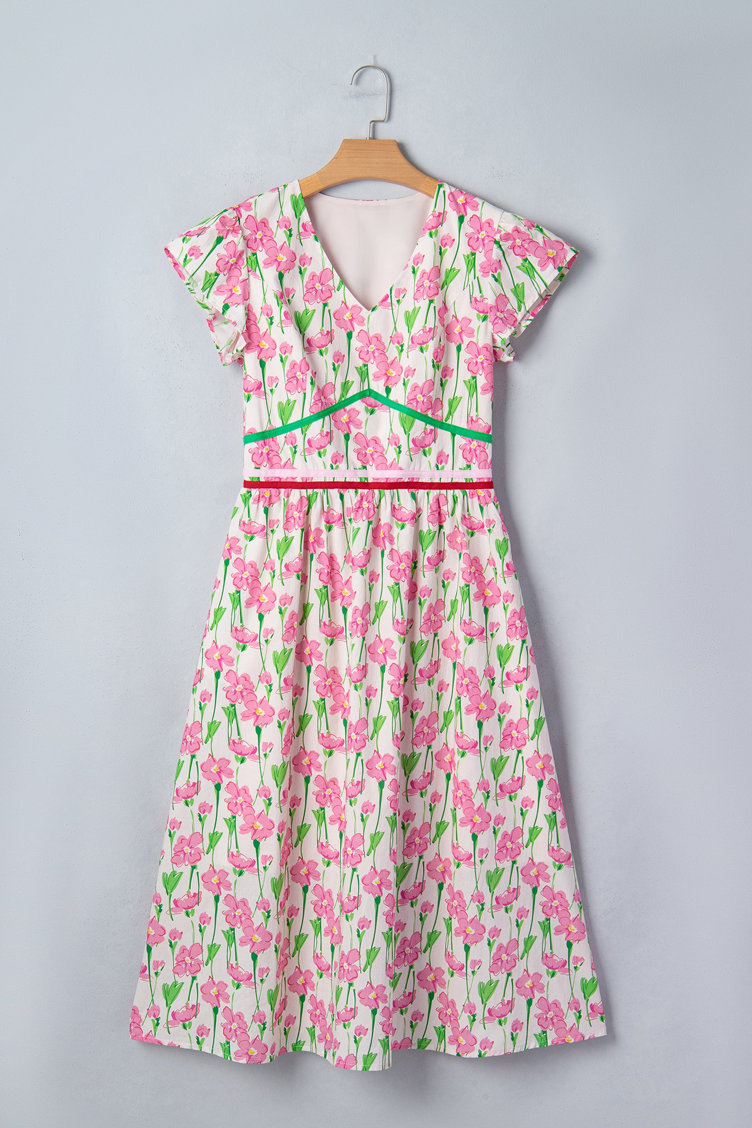 LivelyLooks Pink Floral Contrast Trim V-Neck Short Sleeve Elegant Midi Dress women's fashion