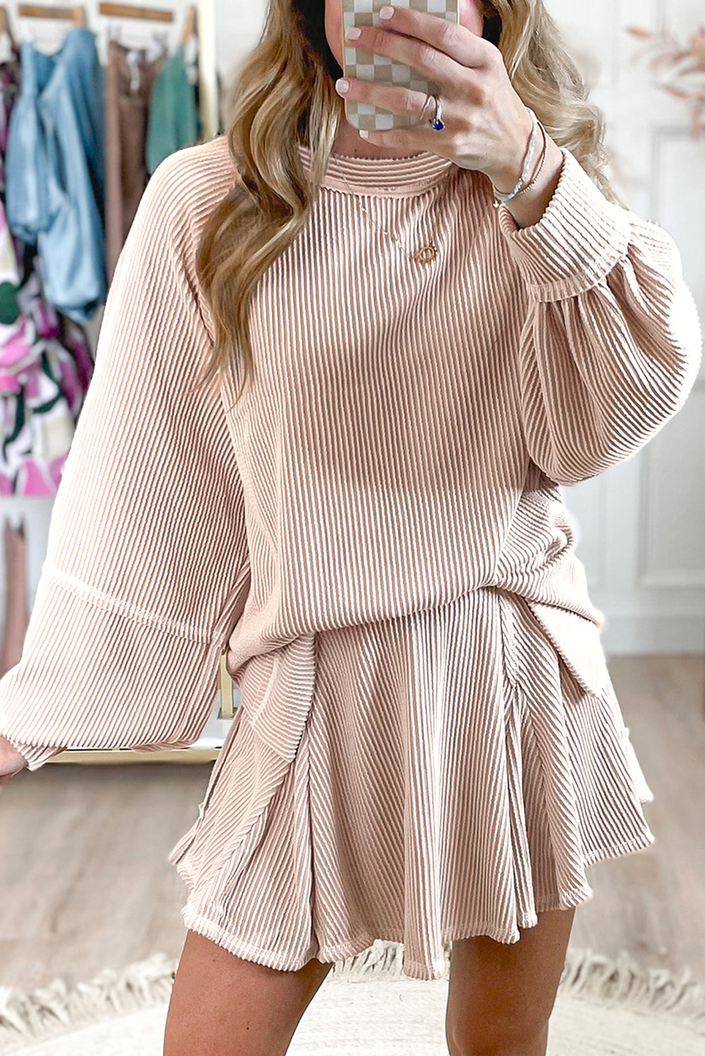 LivelyLooks Corded Lantern Sleeve Top High Waist Ruffled Mini Skort Set women's fashion