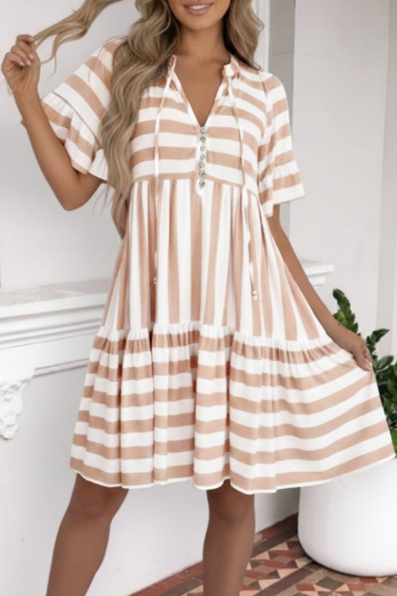 Khaki Stripe Tie V-Neck Ruffle Sleeve Flared Summer Dress | Side Pockets