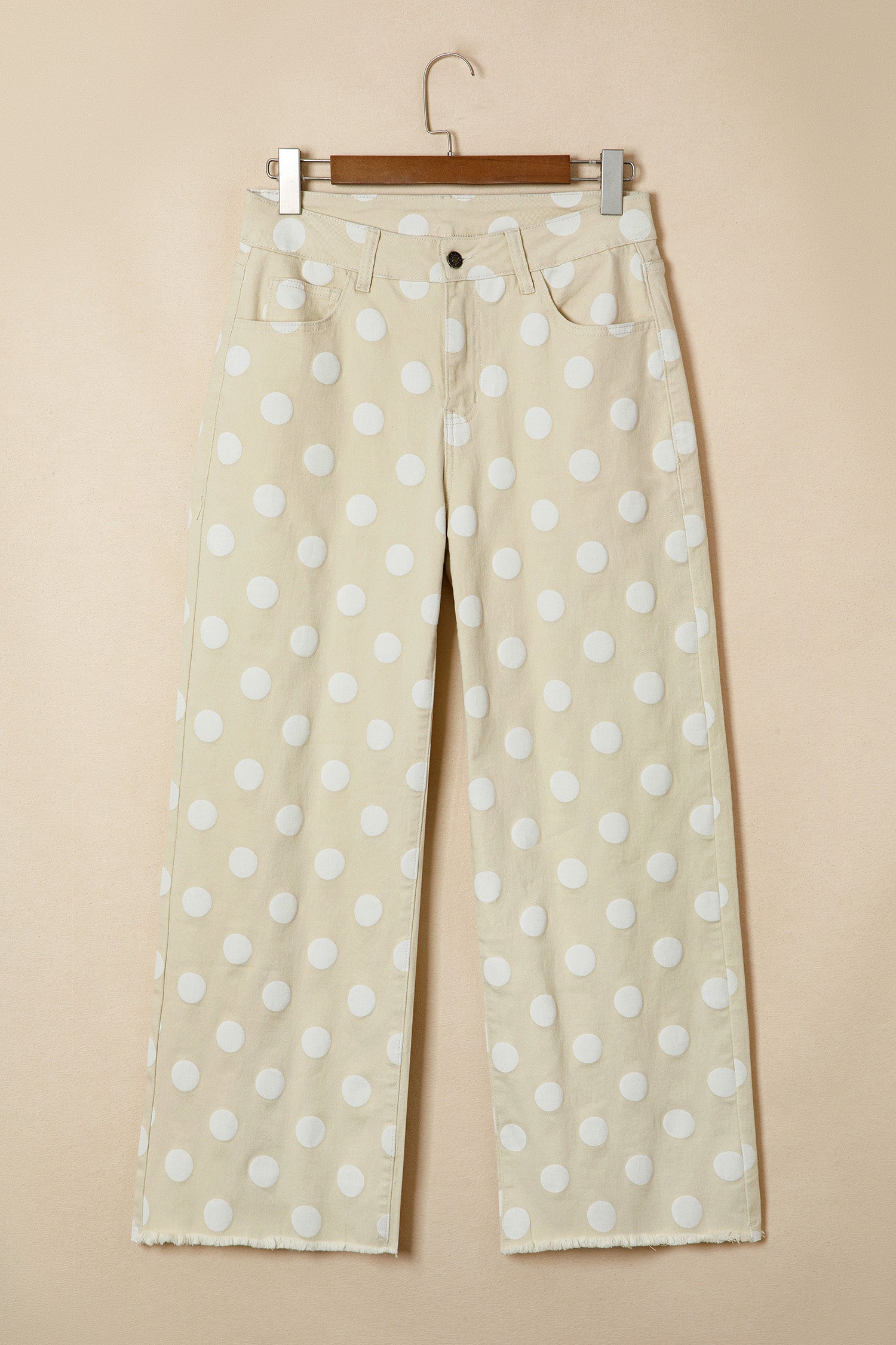 Khaki & Sky Blue Polka Dot Print Raw Hem High-Waist Shift Jeans | Sizes 4–16
