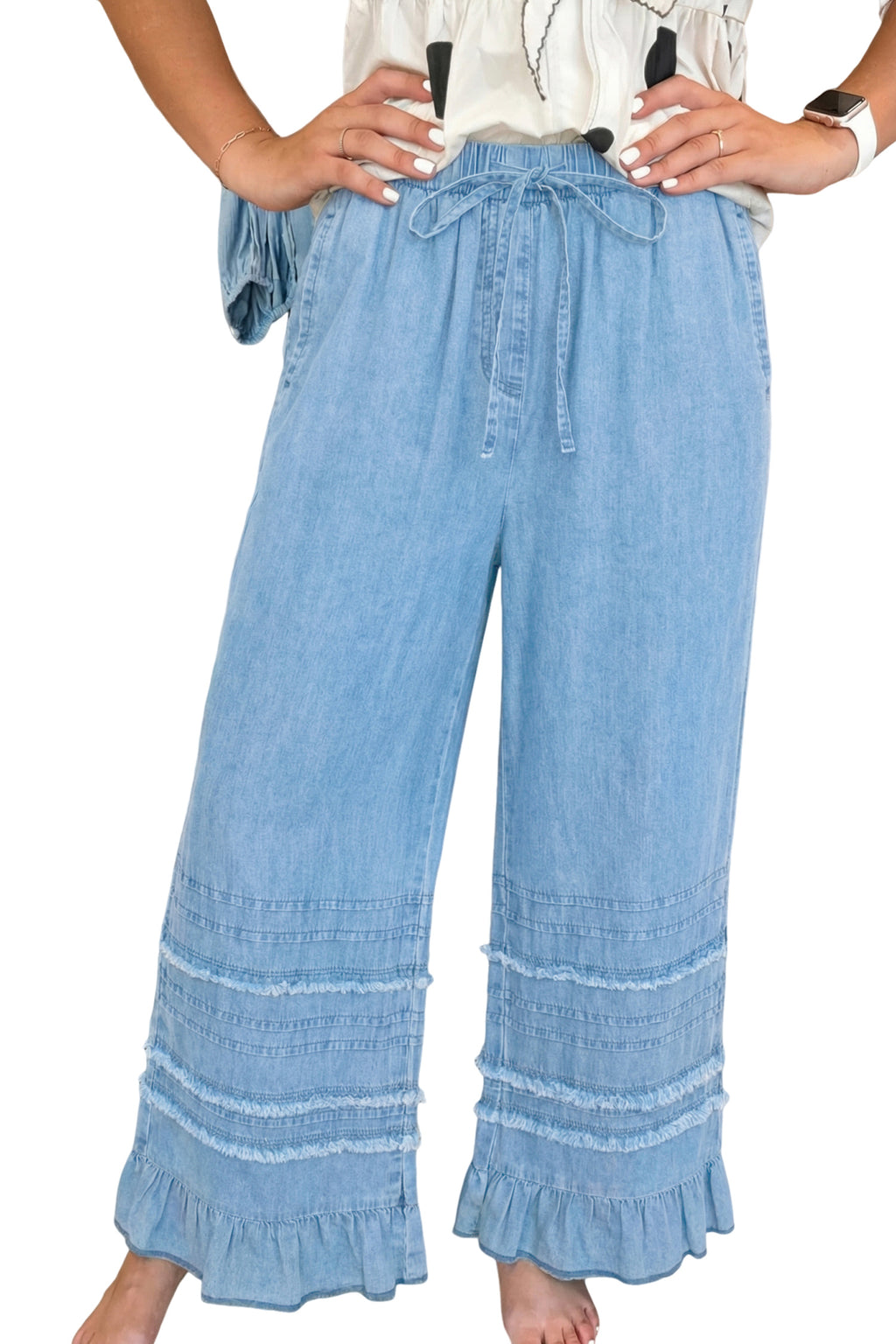 Beau Blue Ruffled Hem Wide Leg Chambray Trousers | Sizes 4-16