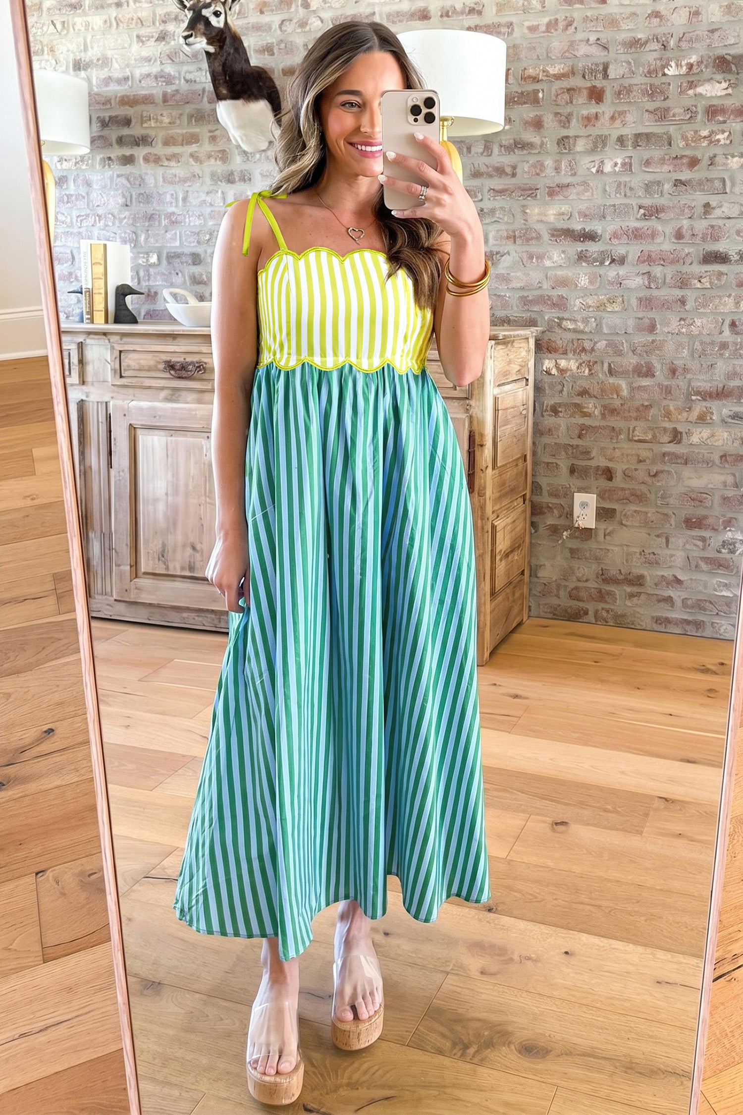 Green Stripe Scalloped Contrast Patchwork Knot Strap Midi Dress | Sizes 8-22