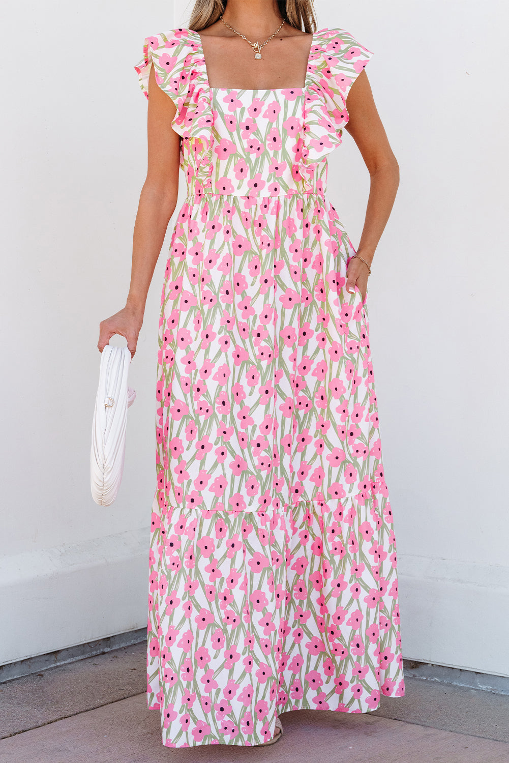 Women's Pink Floral Print Square Neck Ruffled Strap Maxi Dress Summer Boho Casual Sundress at LivelyLooks