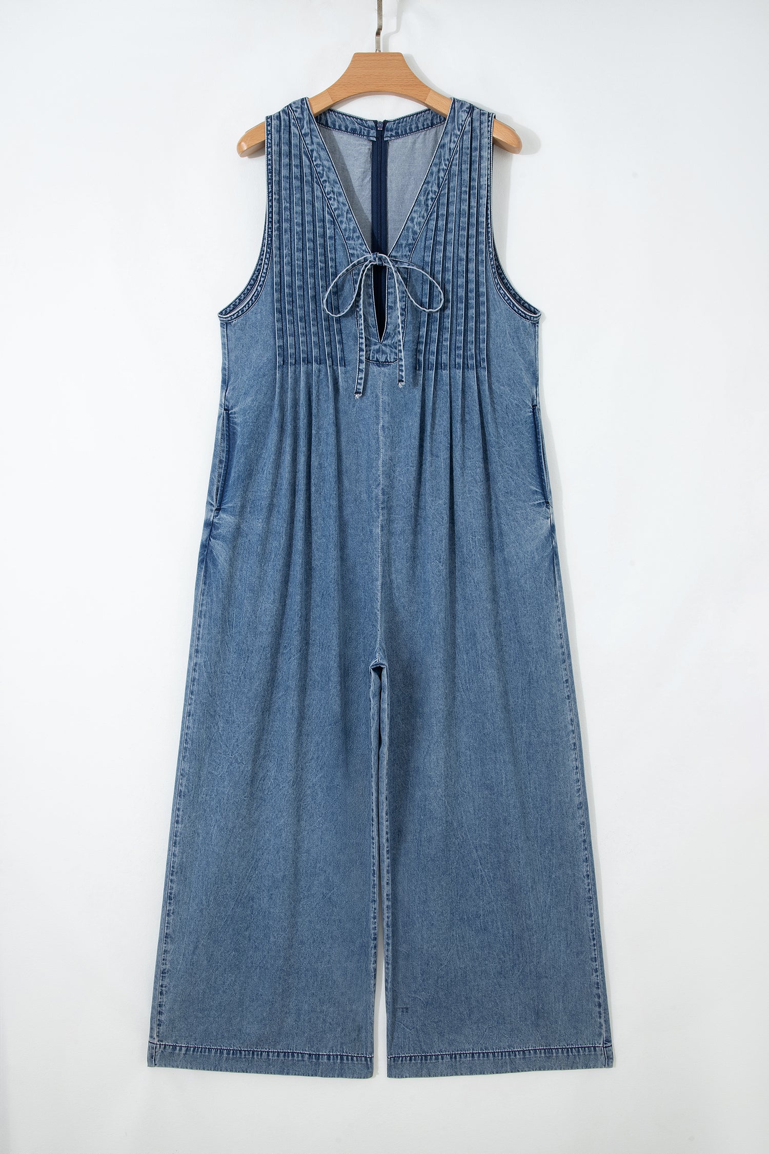 Women's Dusk Blue Acid Wash Pintuck Tie V-Neck Denim Wide-Leg Jumpsuit | S-XL at LivelyLooks