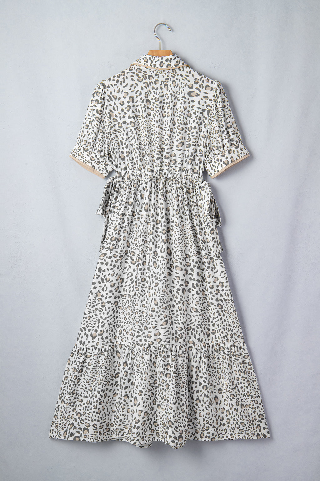 Women's White Leopard Contrast Trim Button Front Short Puff Sleeve Long Dress Maxi Sundress at LivelyLooks
