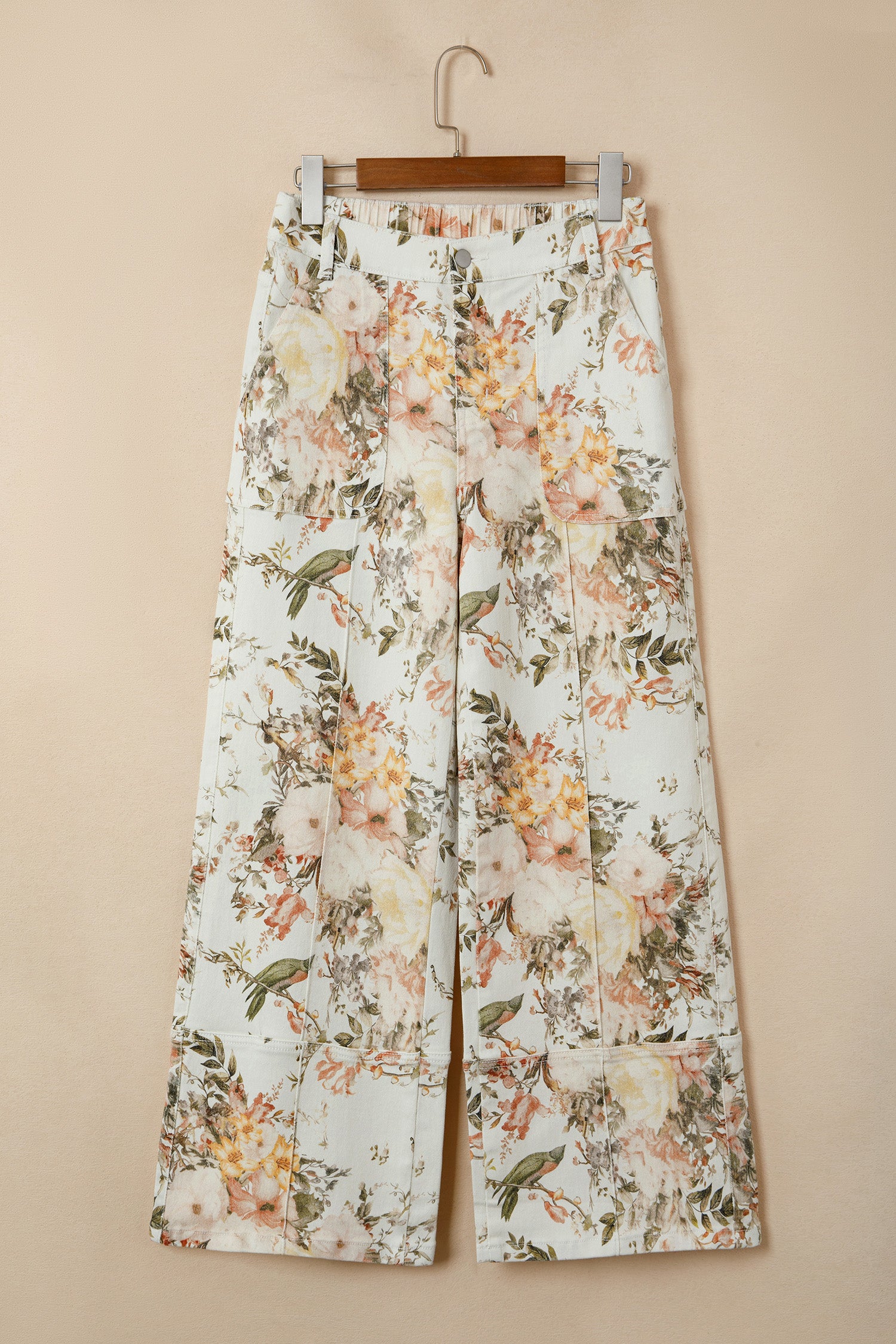 LivelyLooks Beige Vintage Style Floral Print High Waist Wide Leg Jeans women's fashion