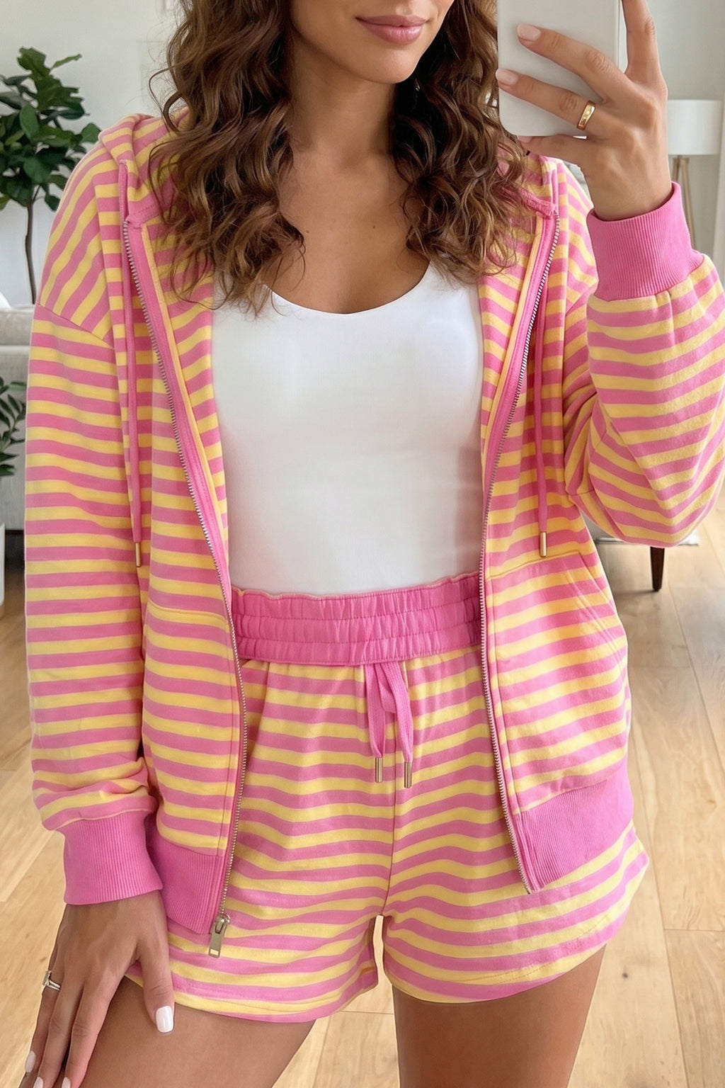 Rose Red Striped Long Sleeve Zip-Up Hoodie & Drawstring Shorts Set | UK 8–22