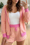 Rose Red Striped Long Sleeve Zip-Up Hoodie & Drawstring Shorts Set | UK 8–22