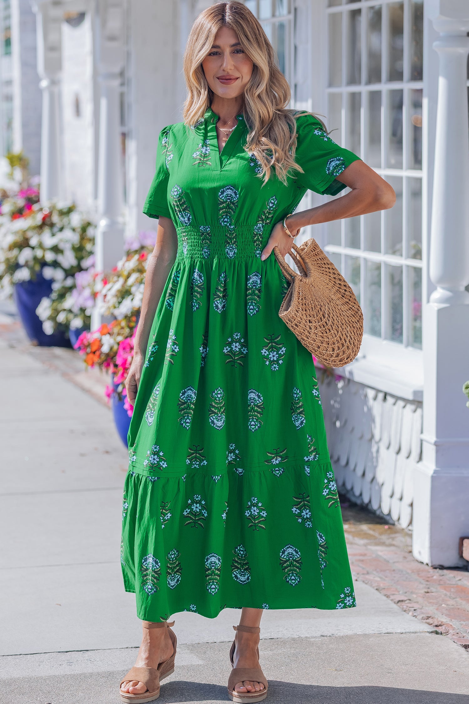 Floral Print Split Neck Shirred High Waist Ruffle Hem Maxi Dress | White & Green | UK 8–22
