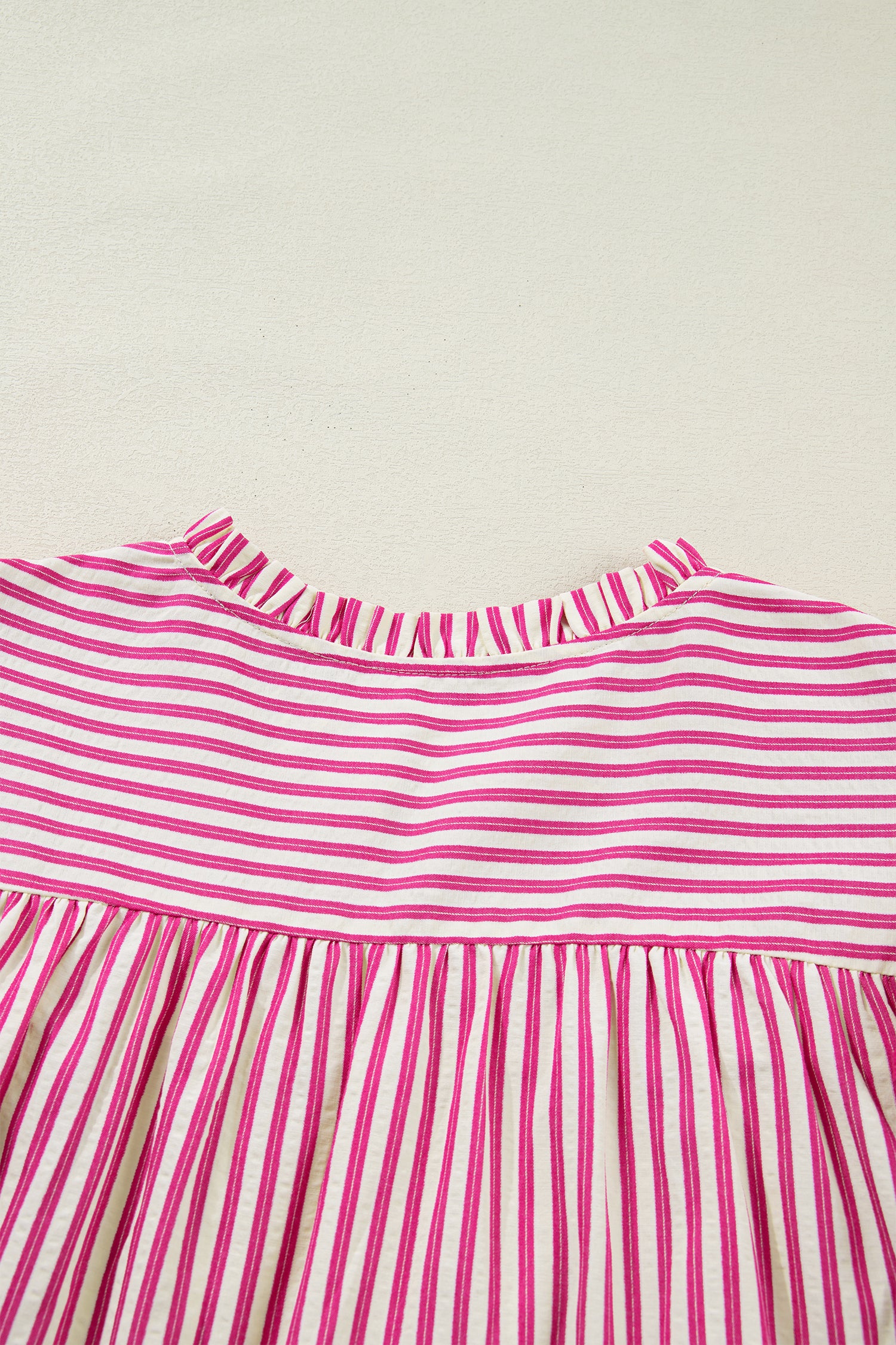 Women's Rose Stripe Shirred Yoke Ruffled Short Sleeve Blouse at LivelyLooks