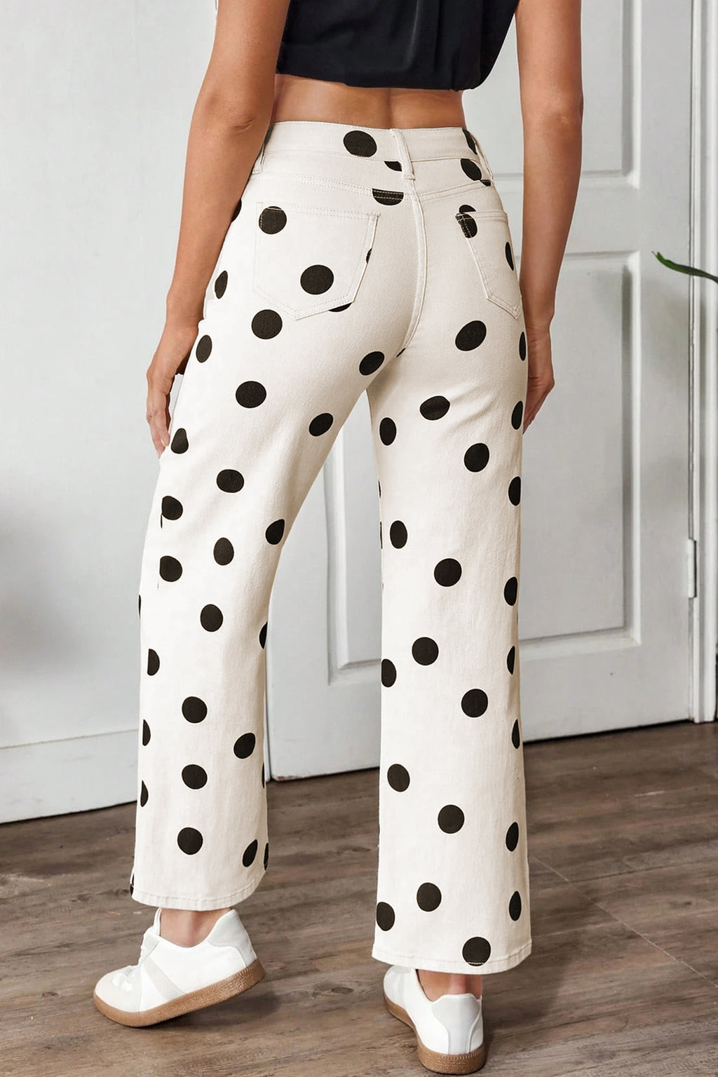 Women's White Polka Dot Wide Leg Ankle Jeans Button Zip Pocket UK 4-16 at LivelyLooks