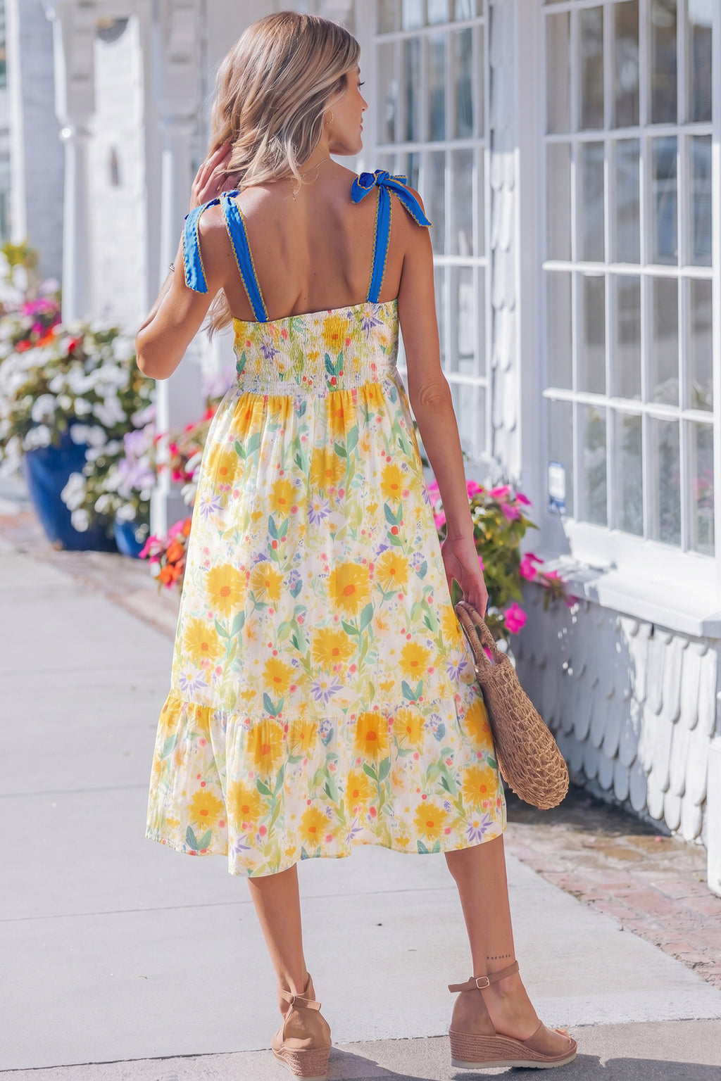 LivelyLooks Yellow Floral Print Contrast Stitched Knot Denim Straps High Waist Dress women's fashion