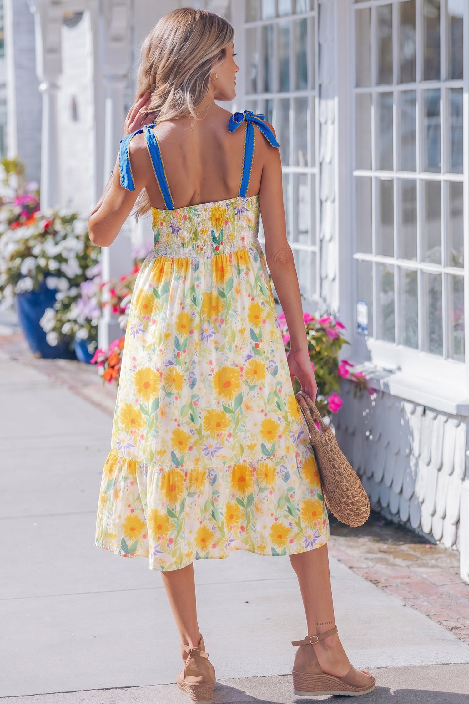 LivelyLooks Yellow Floral Print Contrast Stitched Knot Denim Straps High Waist Dress women's fashion