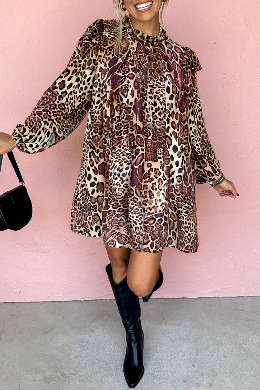 Women's Brown Leopard Ruffled Detail Long Sleeve Loose Mini Dress at LivelyLooks