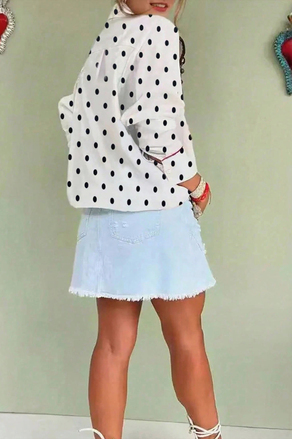 White Polka Dot Contrast Piping Elegant Women's Shirt