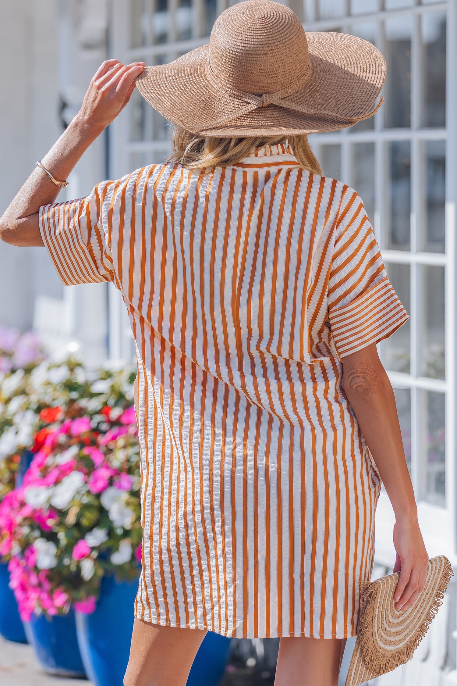 Stripe Pinched V-Neck Shift Mini Dress | Brown Stripe