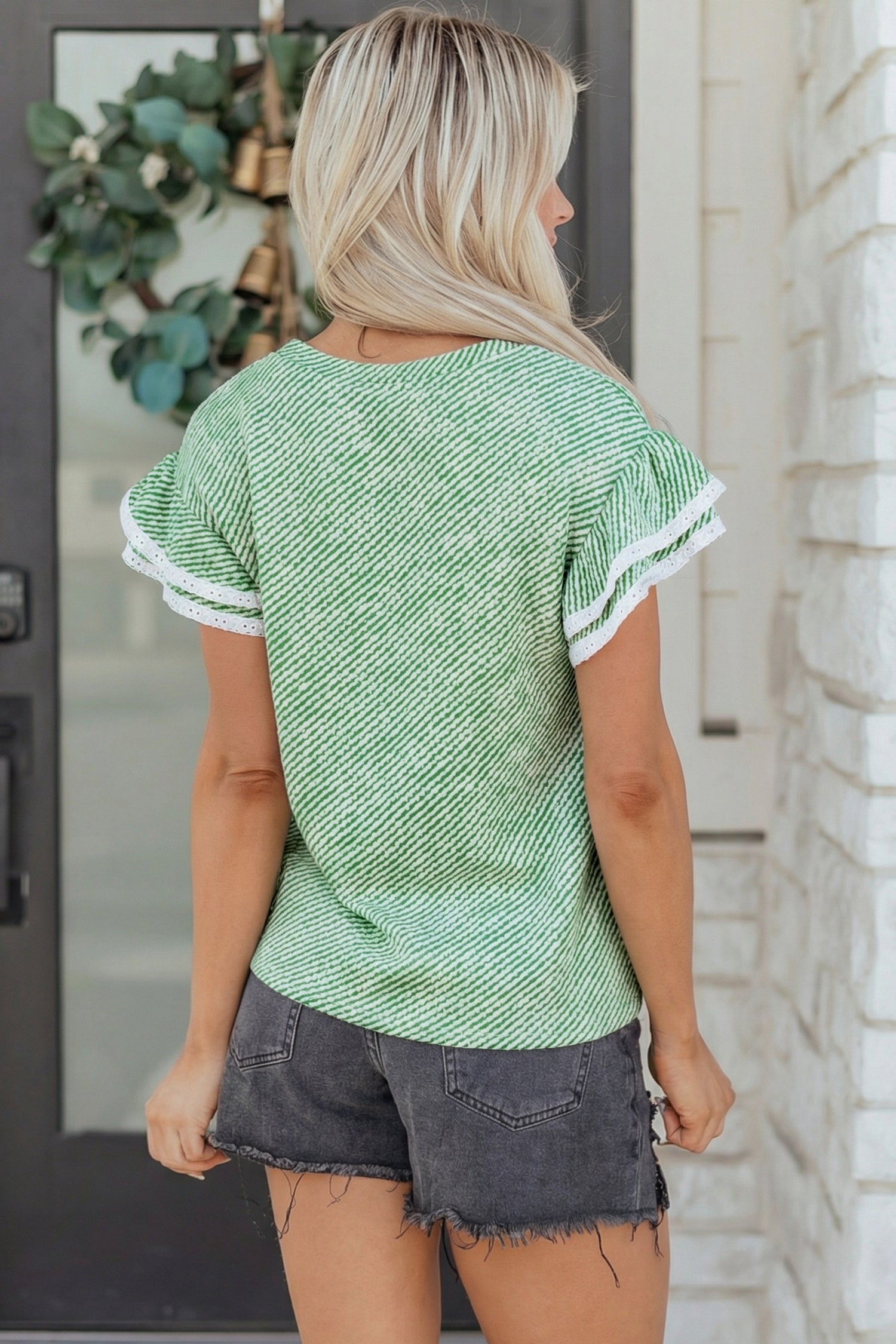 Women's Clearly Aqua Twilled Print Lace Trim Ruffled Short Sleeve Blouse at LivelyLooks