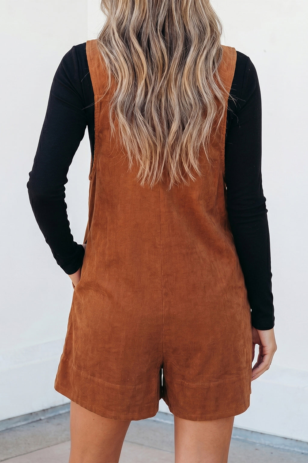 Cinnamon Solid Tie V Neck Sleeveless Corduroy Romper | UK 8–22