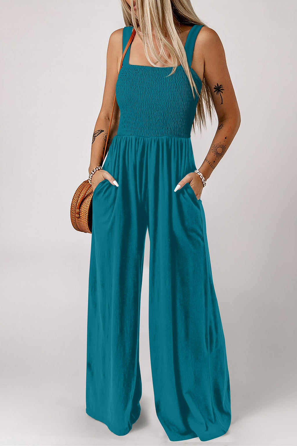Shop Smocked Square Neck Sleeveless Jumpsuit with Pockets at LivelyLooks