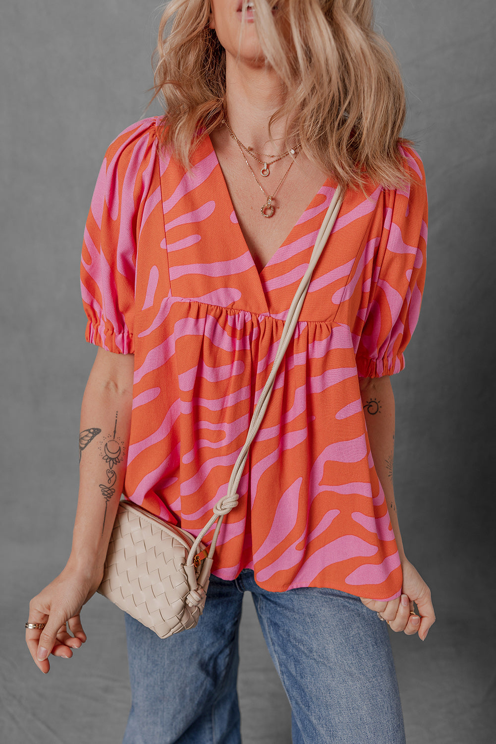 Orange Zebra Print Blouse Ruched Cuff Half Sleeve V Neck Women S-XL