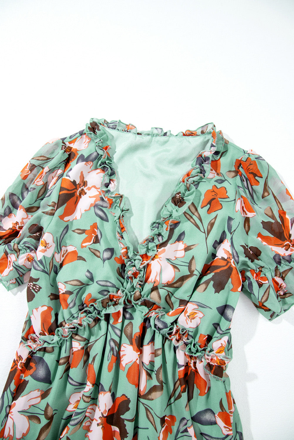 Women's Floral Print Frilled V-Neck Short Sleeve Maxi Dress Blue Black Green S-XL at LivelyLooks
