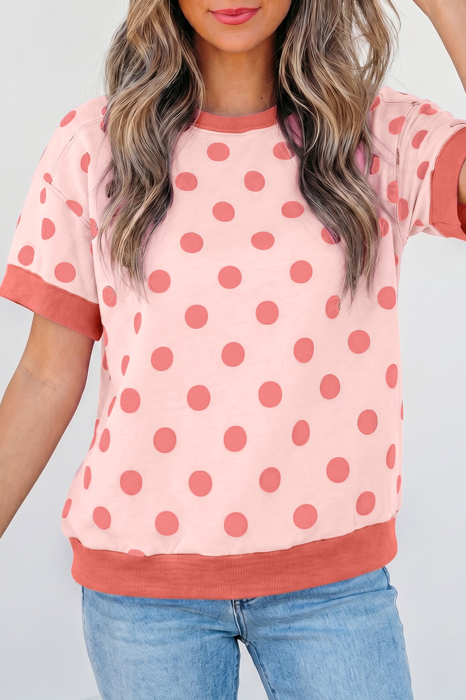 Women's Pink Color Block Trim Polka Dot Casual Tee at LivelyLooks