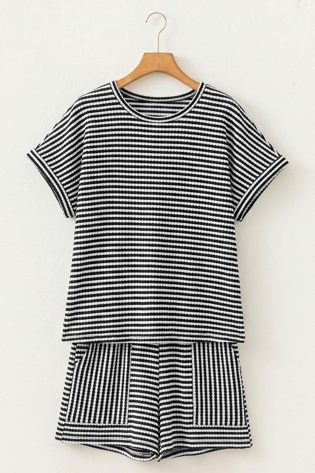 Stripe Textured Knit Top & Shorts Co-ord Set | Brown, Black & Purple