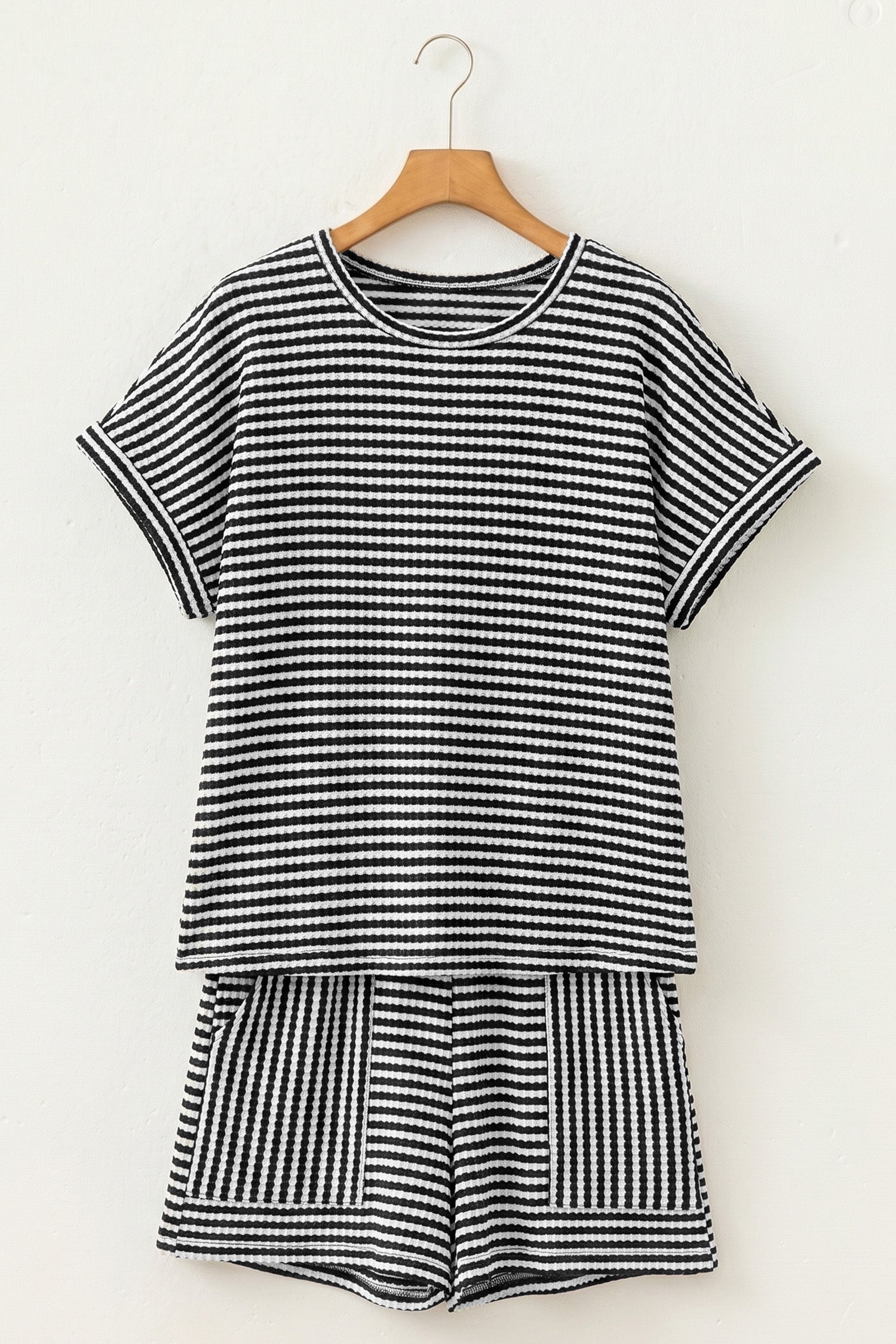Stripe Textured Knit Top & Shorts Co-ord Set | Brown, Black & Purple