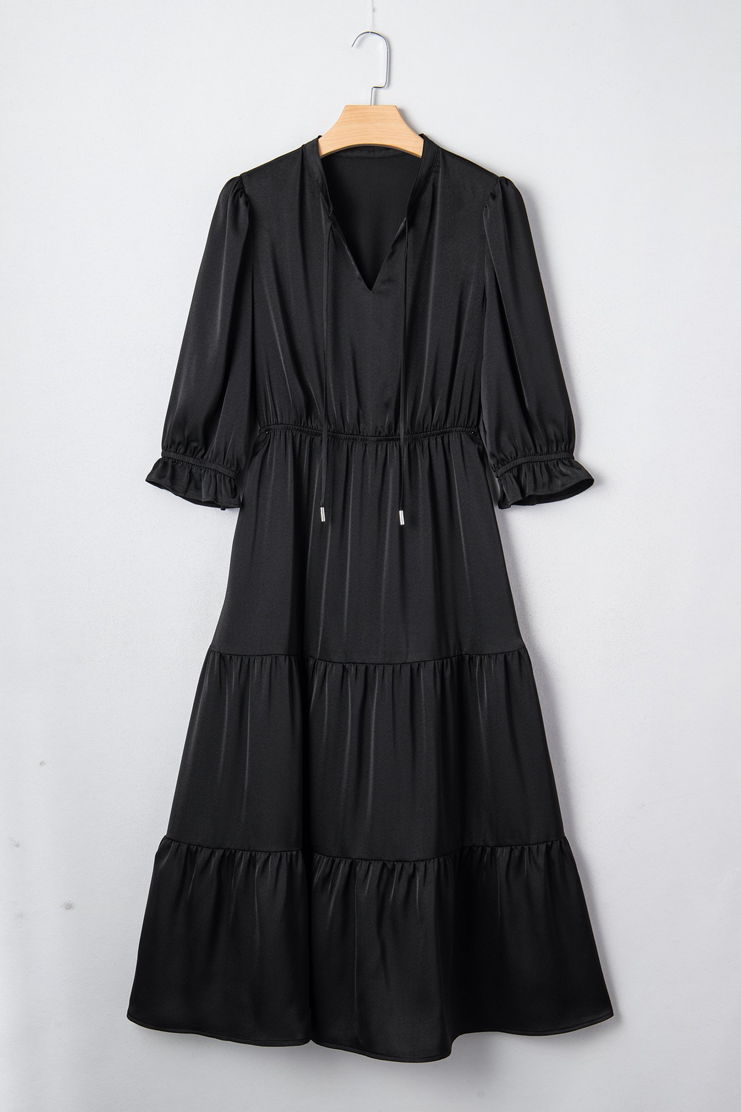 Black Tiered Maxi Dress Flounced Bracelet Sleeve V Neck Women S-XL